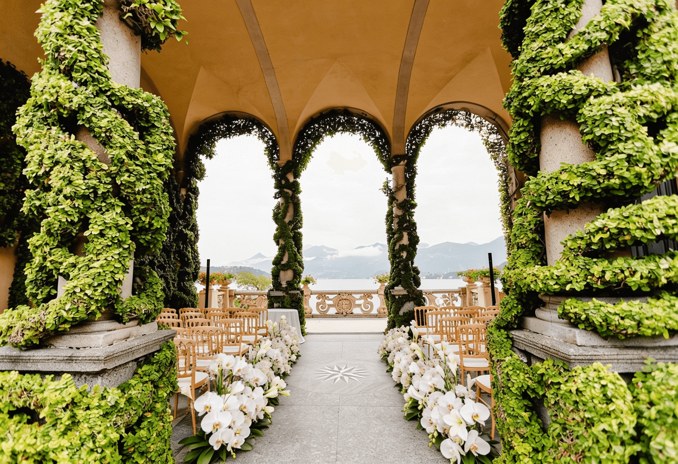 Pasillo de ceremonia con orquídeas blancas, Lago di Como