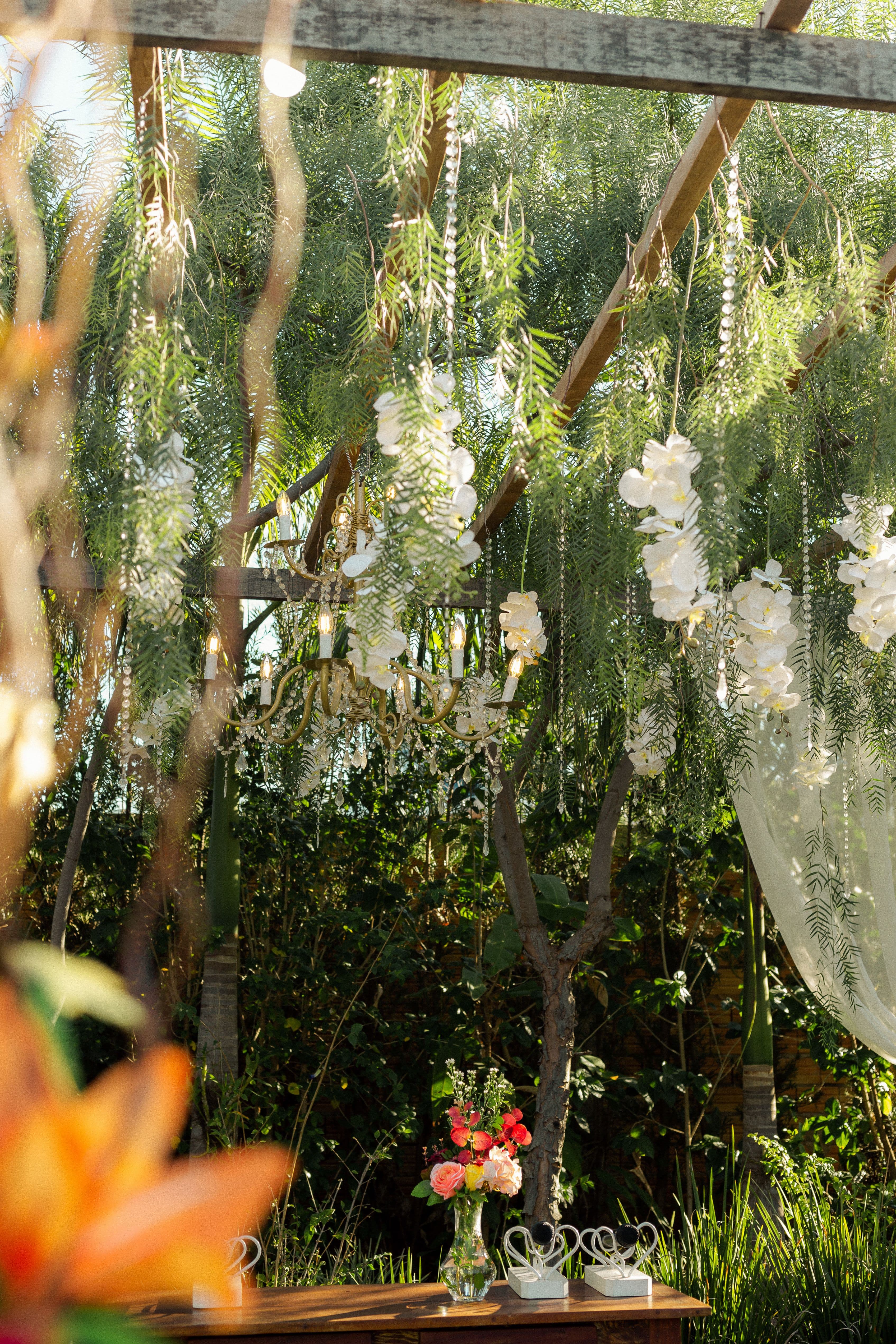 Pérgola de jardín con araña y orquídeas